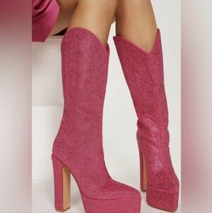 Pink Crystal Platform Knee-High Boots - Women
